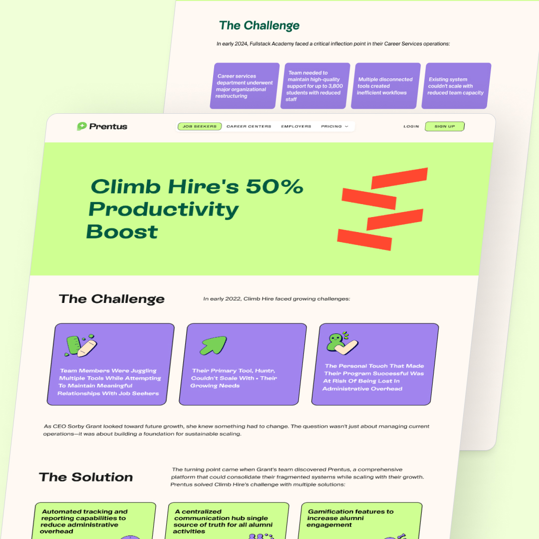 Presentation Design 54 Reel Unlimited AU Unlimited Graphic Design Two web page snapshots highlight Climb Hires productivity boost. The page outlines challenges and solutions, emphasizing a 50% productivity increase. With a design subscription featuring green and purple colors, it showcases bold headers and brief, clear sections.