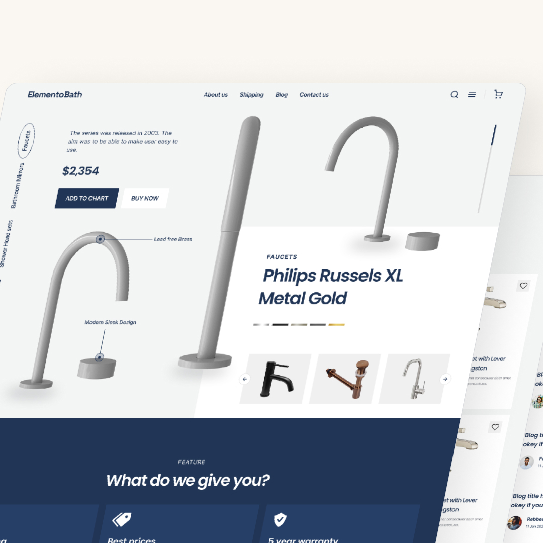 Presentation Design 48 Reel Unlimited AU Unlimited Graphic Design A website layout showcasing a modern faucet design, featuring the Philips Russels XL Metal Gold. Explore pricing, product details, and menu options for shipping, about us, and shop. Enjoy unlimited graphic design insights with our highlighted features.