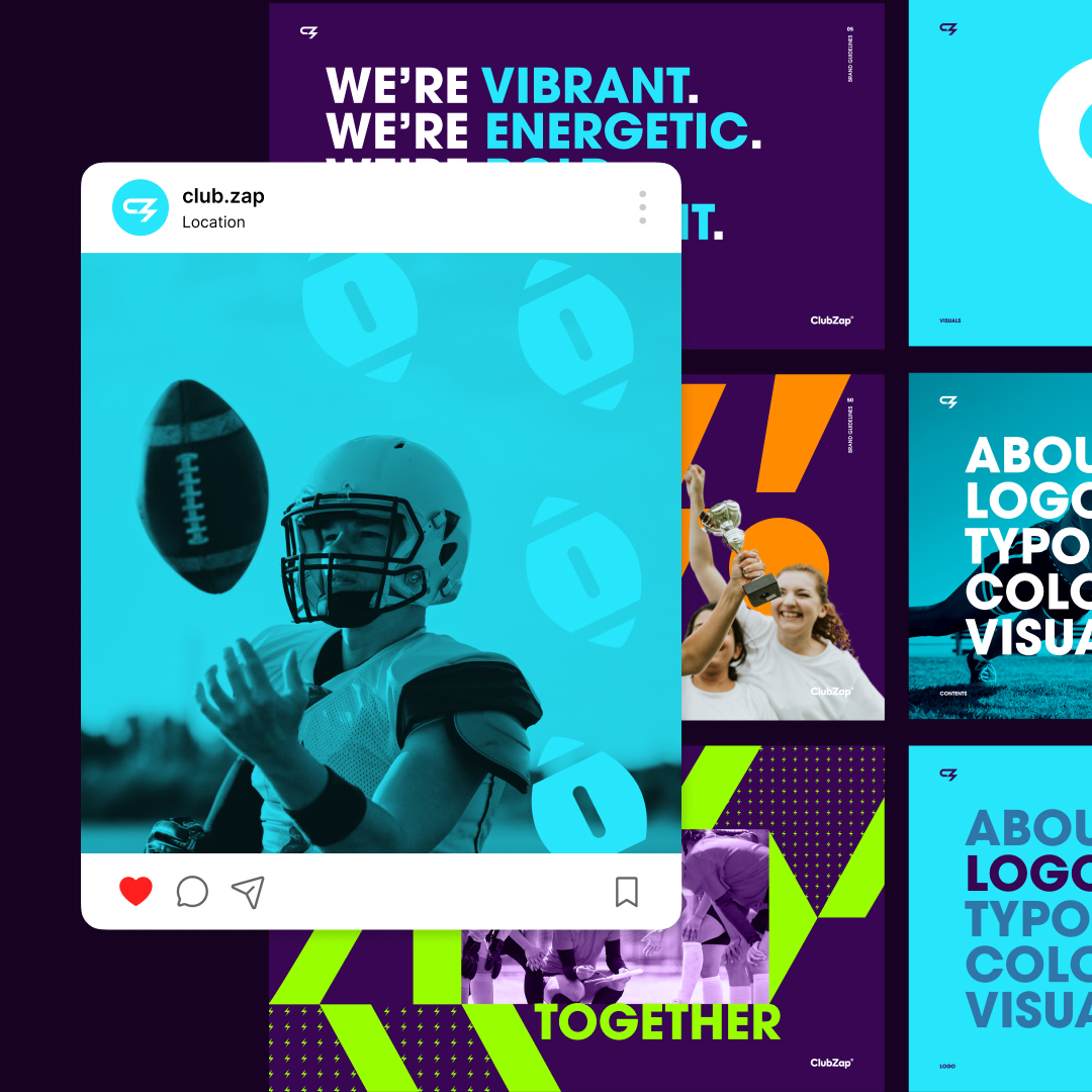 UI UX Design 47 Reel Unlimited AU Unlimited Graphic Design Collage of vibrant sports-themed graphics. Central image shows an American football player catching a ball, overlaid with a blue filter. Surrounding text features motivational phrases like Were vibrant, Together, and emphasizes unlimited graphic design along with logo typography and color visual.