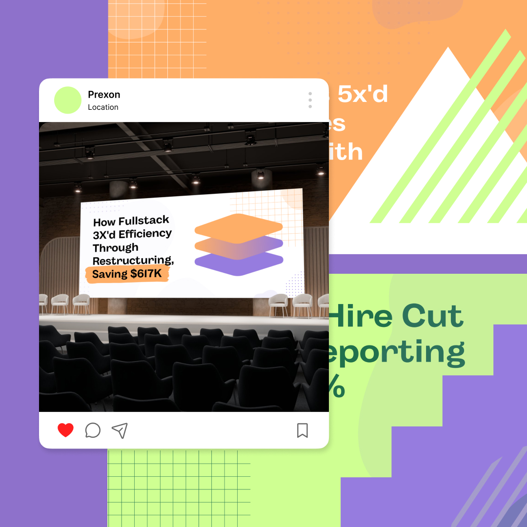 Canva Design 41 Reel Unlimited AU Unlimited Graphic Design A digital illustration of a social media post over a graphic background. The post shows an empty conference room with a large screen displaying the text, How Fullstack 3X’d Efficiency Through Restructuring, Saving $617K, highlighting the benefits of an unlimited graphic design service. Abstract shapes complete the composition.