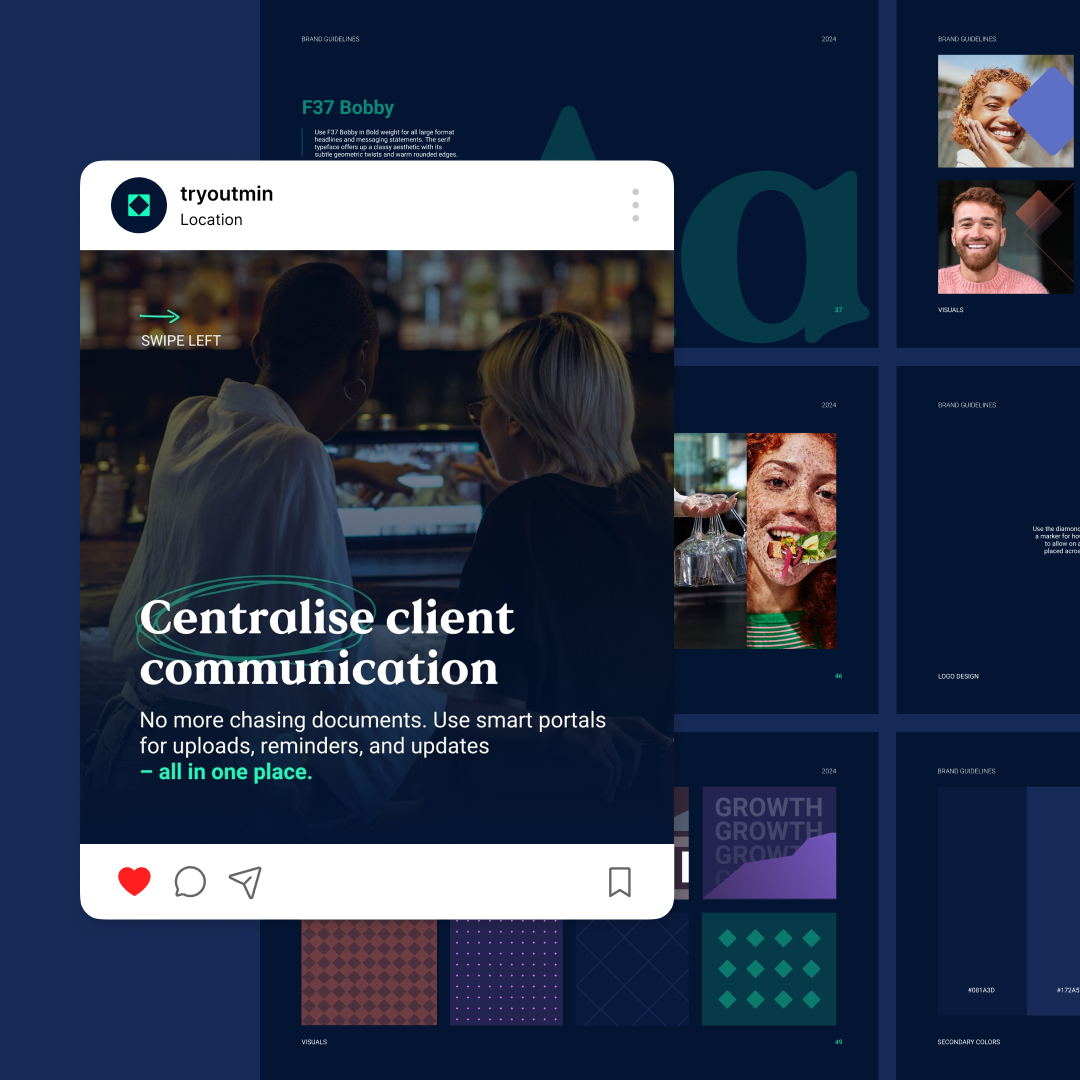An Instagram post mockup featuring two people at a desk with the text Centralise client communication overlaid. The background displays various design elements like typography and colorful patterns.