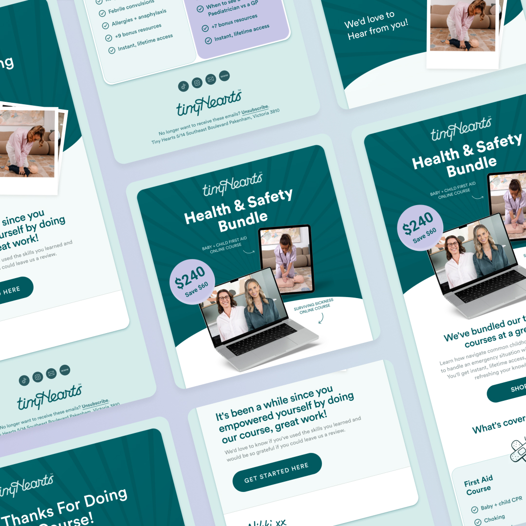 A collage of tinyHearts Health & Safety Bundle promotional images. The central image showcases a laptop with three people, labeled $240 Save 24%. Surrounding images emphasize course benefits and offers, featuring teal and white design elements in a style reminiscent of unlimited graphic design.
