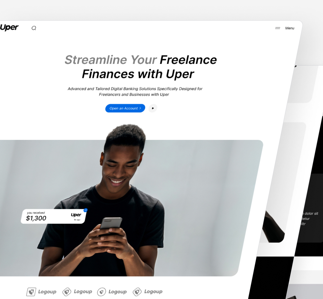 A website interface for Uper, promoting financial services for freelancers. It features a smiling person holding a phone, with text about streamlining freelance finances with unlimited graphic design support. Shows a bank balance notification of $1,300.