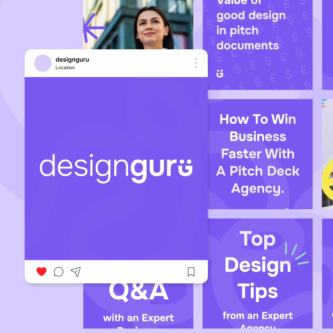 Collage with a purple theme featuring a womans face at the top, an Instagram-style post in the center with designguru text, and sections titled How To Win Business Faster With A Pitch Deck Agency and Top Design Tips from an Expert Agency. Consider design subscription for unlimited graphic design ideas.