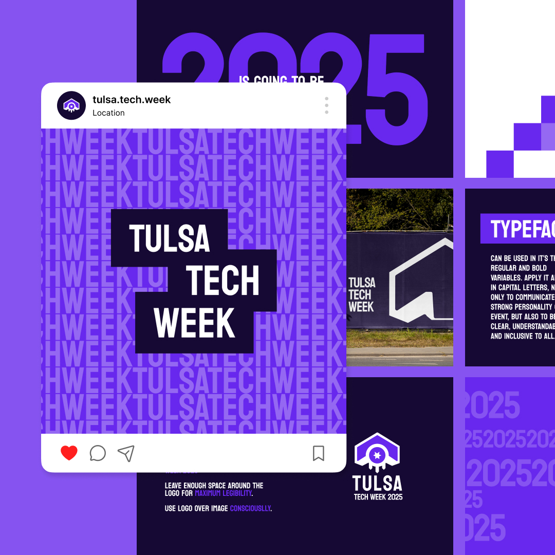 Collage showcasing a Tulsa Tech Week promo image. Features an Instagram post mockup, striking 2025 text, a logo, typography guidelines, and an event banner photo—all in purple and white with hints of unlimited graphic design potential.