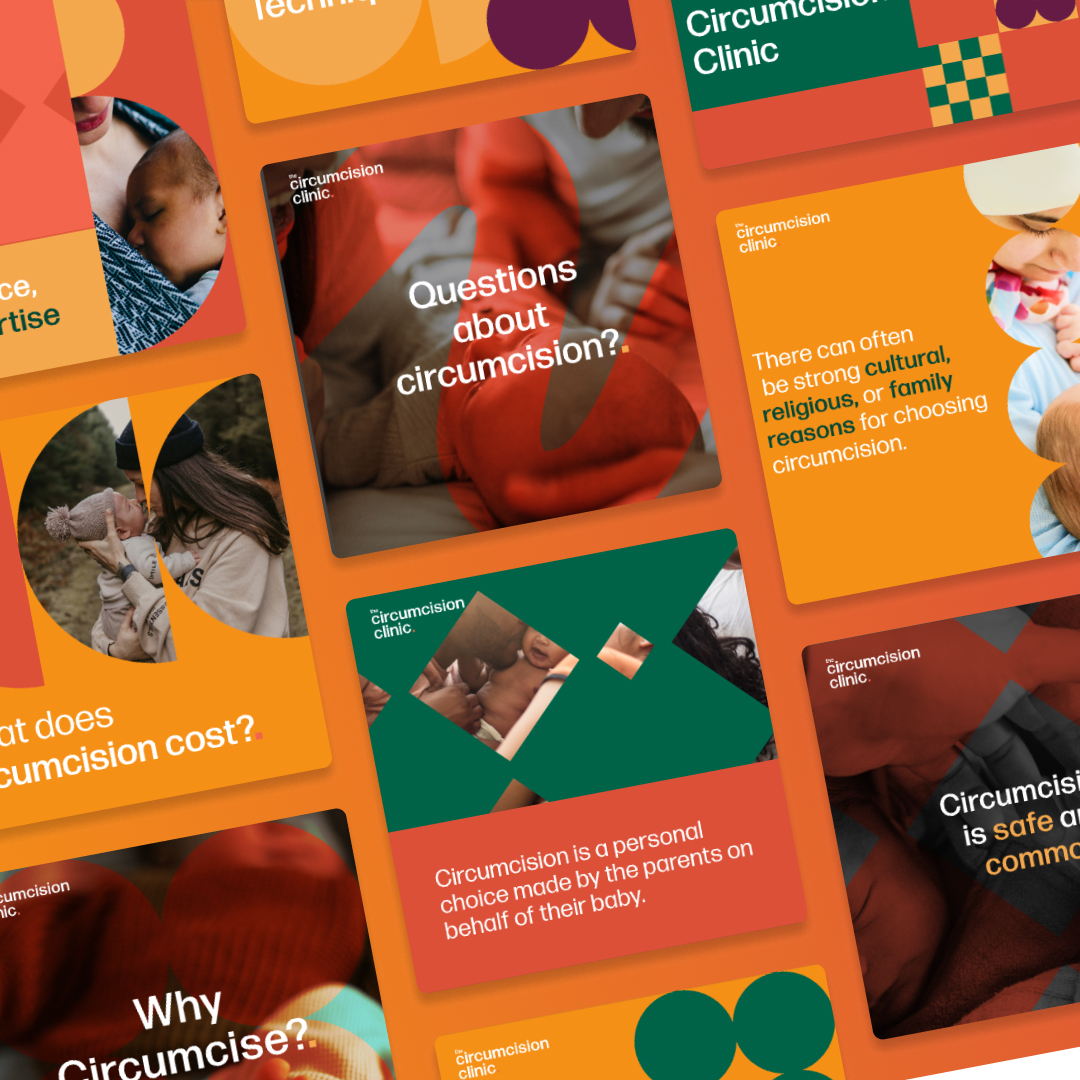 A vibrant collage of colorful informational cards on circumcision, with dominant hues of orange, green, and red. Featuring images of infants and parents hands, the design resembles those from an unlimited graphic design service, complete with text posing questions and facts about the procedure.