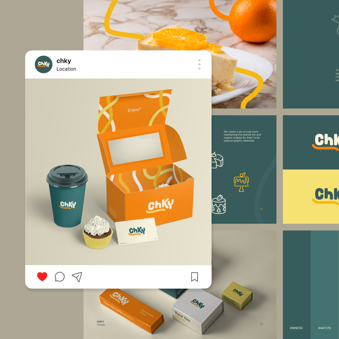 An Instagram post displays a coffee cup with a lid, a cupcake, and a rectangular box with the brand name ChKy on a table. The box is open, showing the inside. Background features various brand designs and an orange dessert.