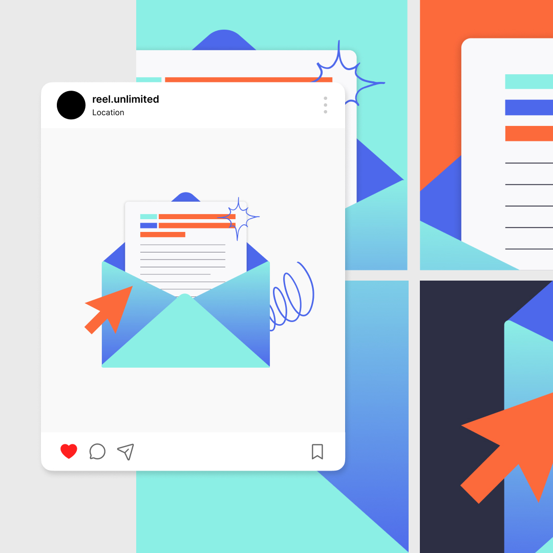 Custom Illustrations 8 Reel Unlimited Diseño Gráfico Ilimitado Illustration of a social media post featuring an open blue envelope with a letter inside, adorned with abstract shapes. A large arrow suggests interaction, highlighting our custom illustration services. Bright colors of blue, orange, and teal dominate the design.