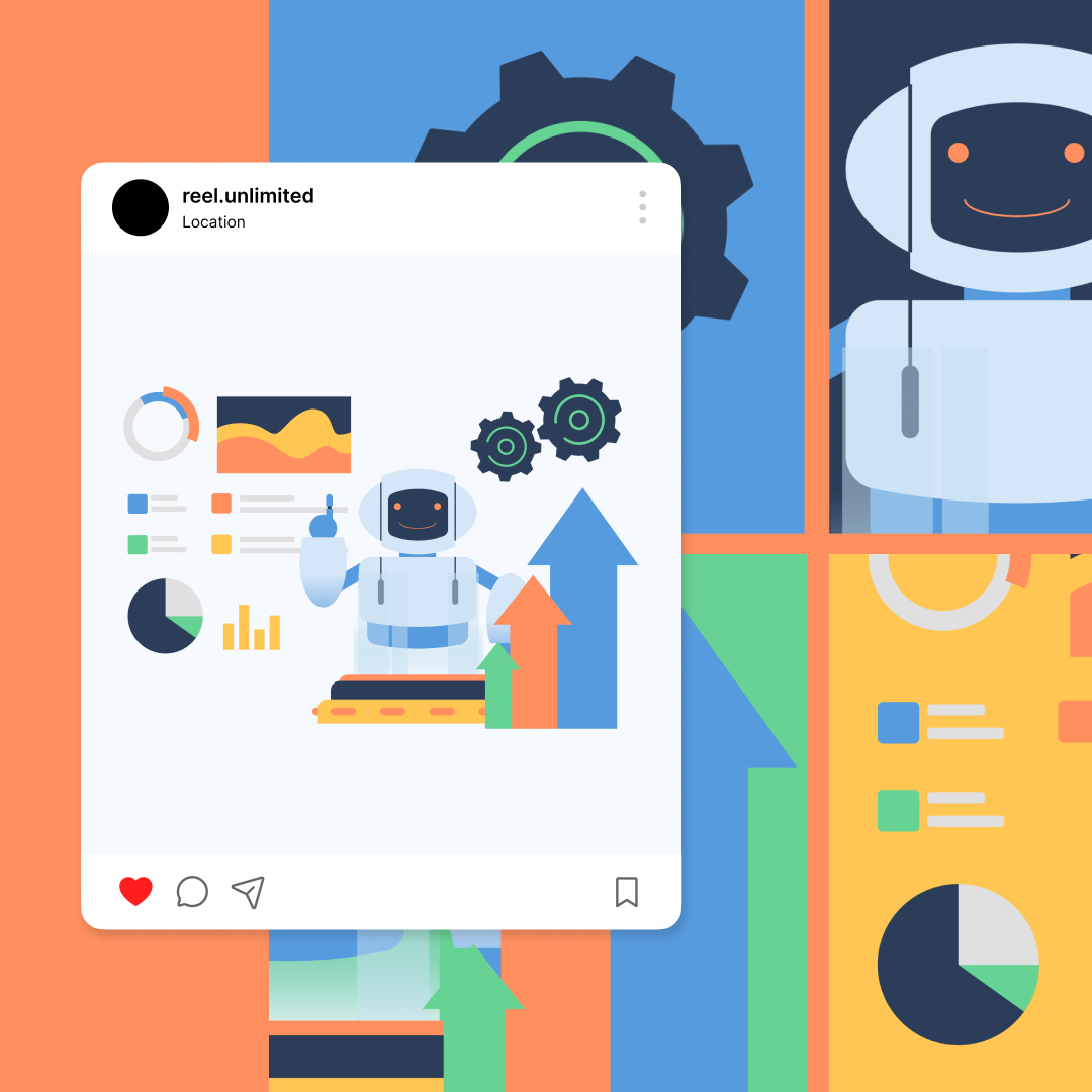 Custom Illustrations 11 Reel Unlimited Diseño Gráfico Ilimitado A digital illustration of a social media post showcases a robot surrounded by charts, graphs, gears, and arrows. With abstract shapes in blue, orange, green, and yellow tones as the backdrop, it highlights custom illustrations services that bring visionary concepts to life.