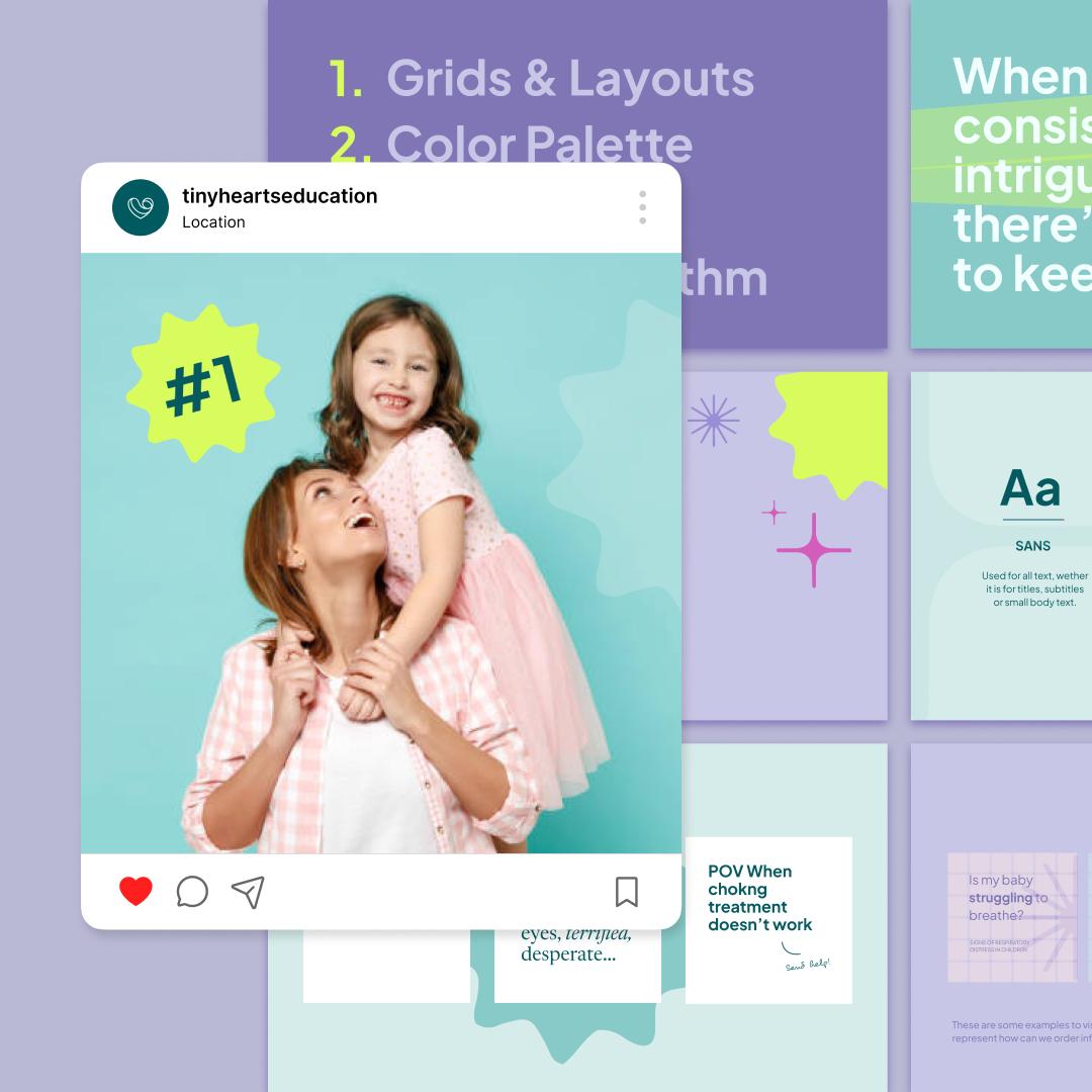 A smiling adult holds a happy child in a social media post with a #1 symbol. The background features text about grids, layouts, and unlimited graphic design elements on a colorful, collage-like backdrop.