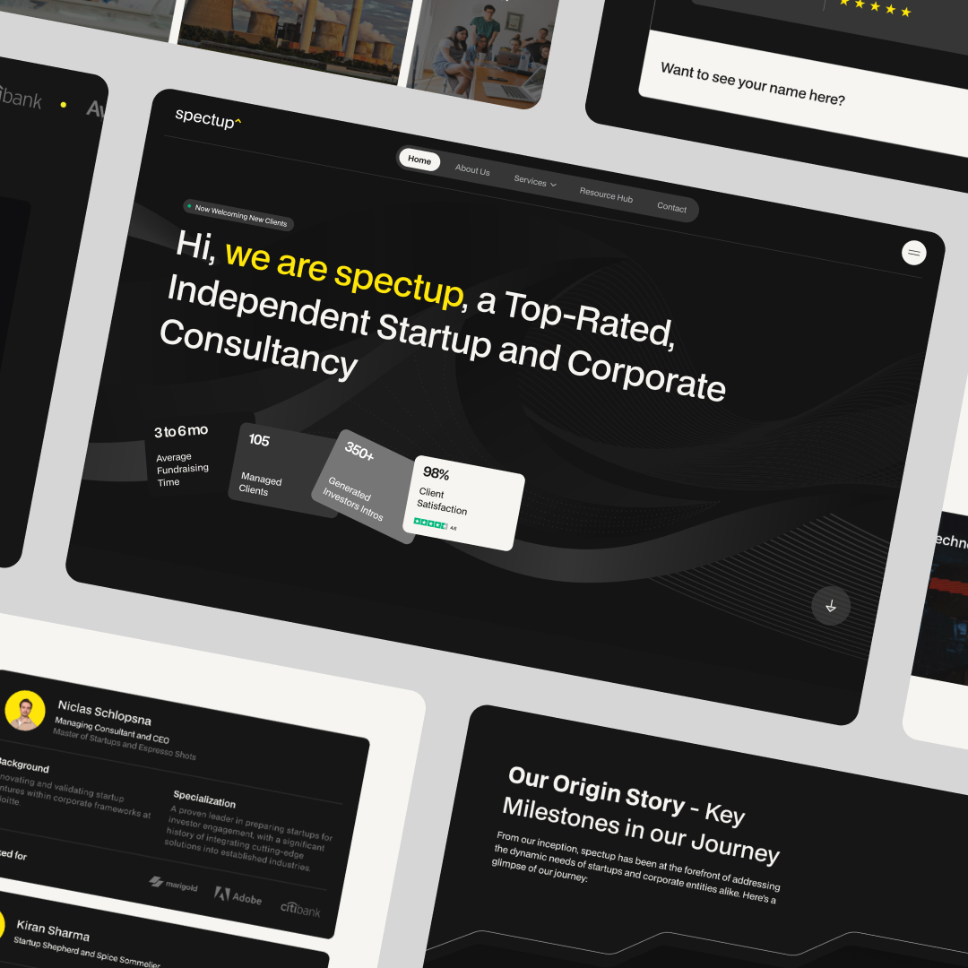UI UX Design 42 Reel Unlimited IE Unlimited Graphic Design A digital collage showcases a websites dark-themed homepage, highlighting a consultancys top-rated services and unlimited graphic design options. Featuring metrics like 98% client satisfaction, it includes sections on team members and company milestones.