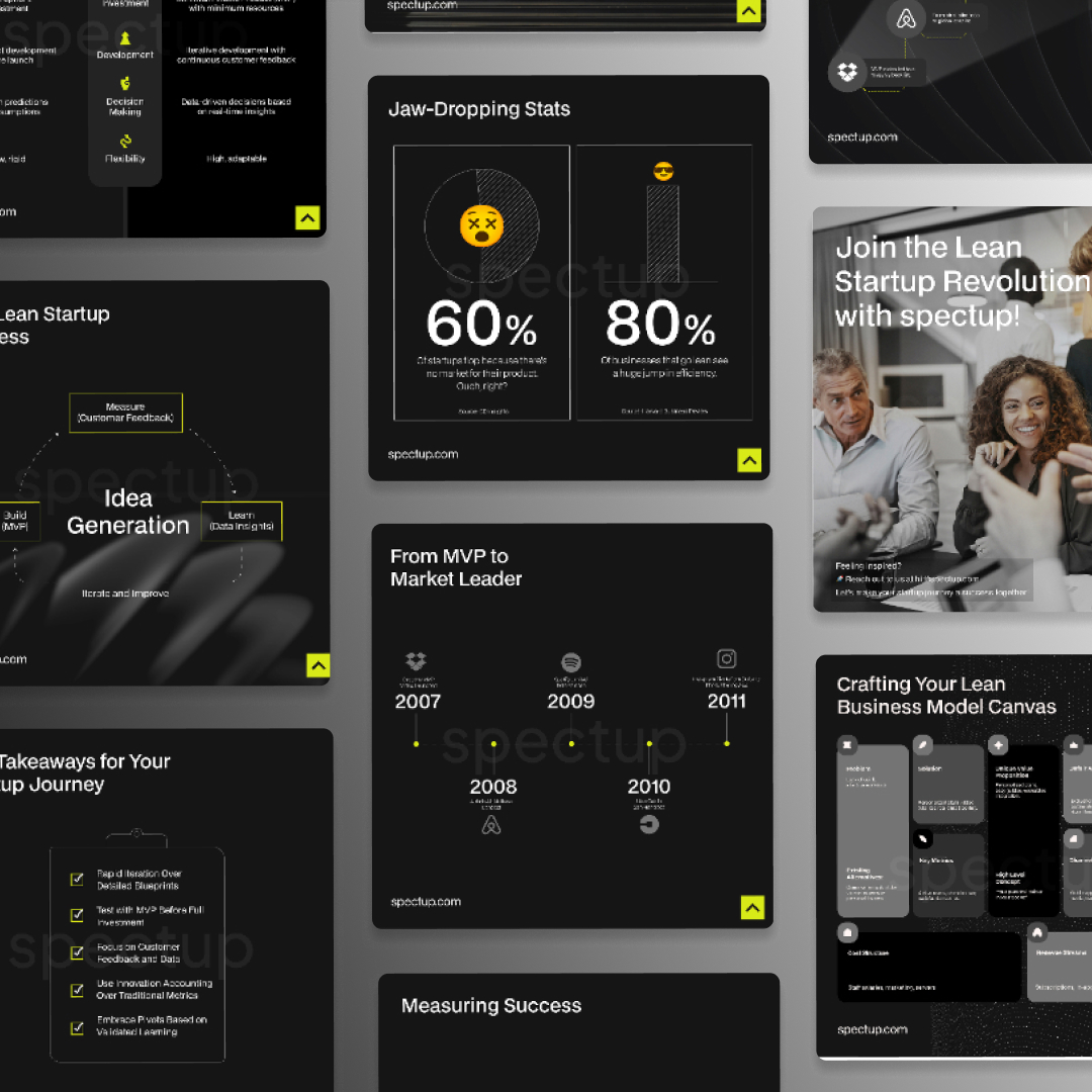 UI UX Design 45 Reel Unlimited IE Unlimited Graphic Design A grid layout displays various black and yellow-themed business presentation slides, featuring topics like Lean Startup Essentials and Idea Generation. With a sleek, minimalistic design, its ideal for those using unlimited graphic design services to enhance their visual presentations.