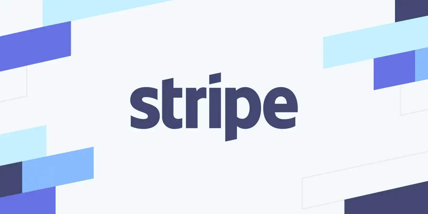 The image displays the Stripe logo with the word stripe in bold, dark letters centered on a light background featuring abstract blue and white shapes.