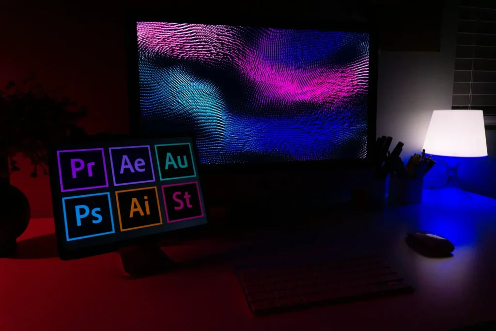 A dimly lit desk setup features a monitor displaying vibrant, abstract waves in purple and blue. Nearby, a tablet shows icons for Adobe software against a backlit keyboard. A soft glow from a desk lamp illuminates the scene in red and blue hues.