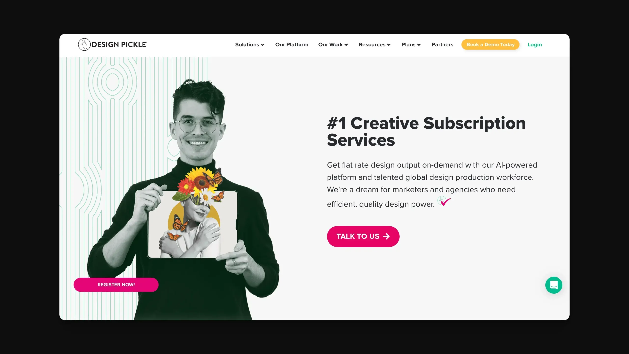 A person holds a picture with a floral design over their face. Text on the right reads: #1 Creative Subscription Services. Buttons below say Register and Talk to Us. Design Pickle logo in the top left. The background is dark with some lines.