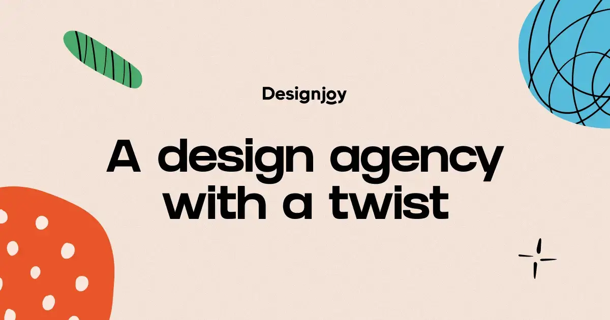Text reads Designjoy: A design agency with a twist in bold black letters on a beige background. Decorative green leaf, red-orange shape with dots, blue globe with black grid lines, and a small sparkling star are arranged around the text.