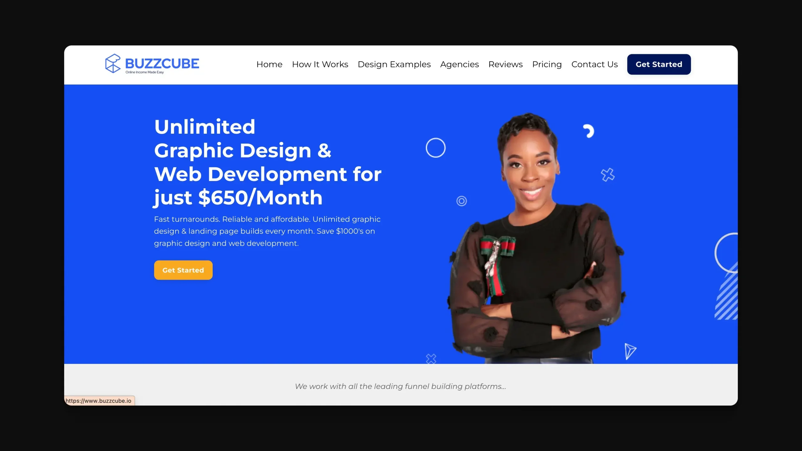 Website banner with a smiling person in a black outfit, standing with arms crossed against a blue background. Text reads: Unlimited Graphic Design & Web Development for just $650/Month. Includes a yellow Get Started button and navigation links above.
