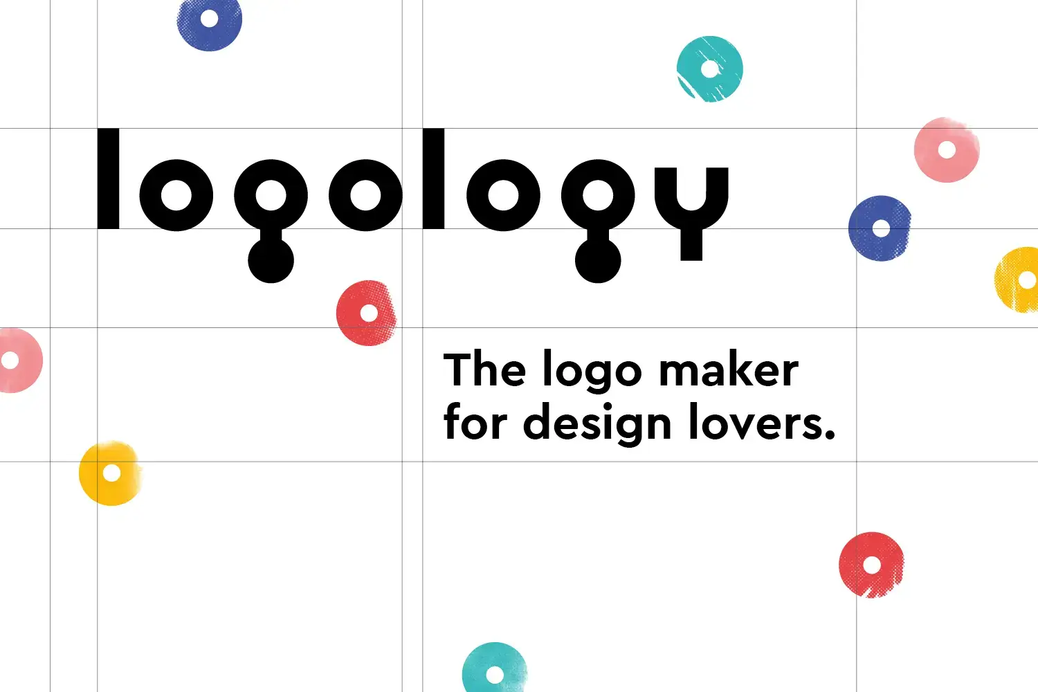 The image shows the word logology in a modern font with circular elements. Below, it reads: The logo maker for design lovers. The background features scattered red, blue, and teal circular shapes against a grid pattern.