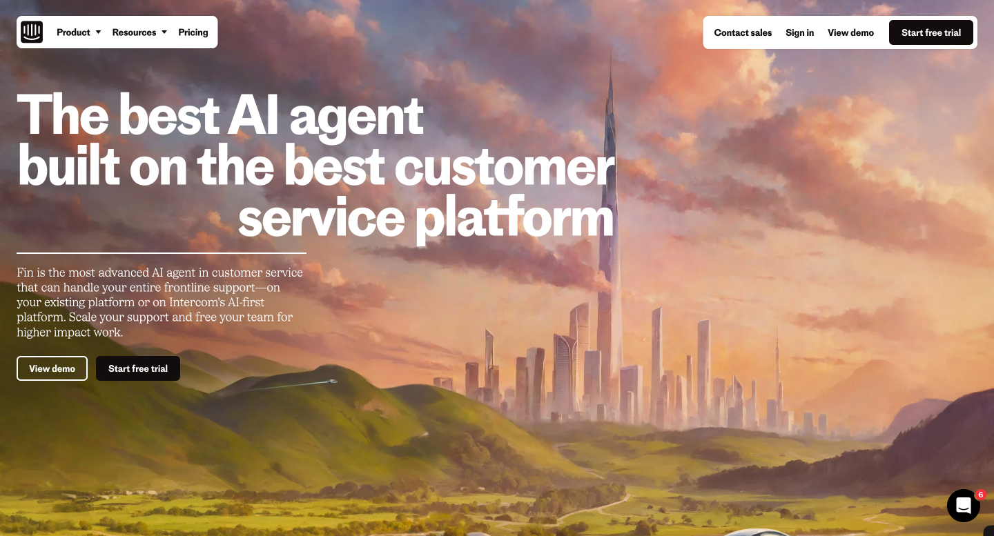A scenic digital landscape with a futuristic city skyline at sunset. Dominated by a tall skyscraper, the foreground features lush green hills. Overlaid white text reads, The best AI agent built on the best customer service platform.