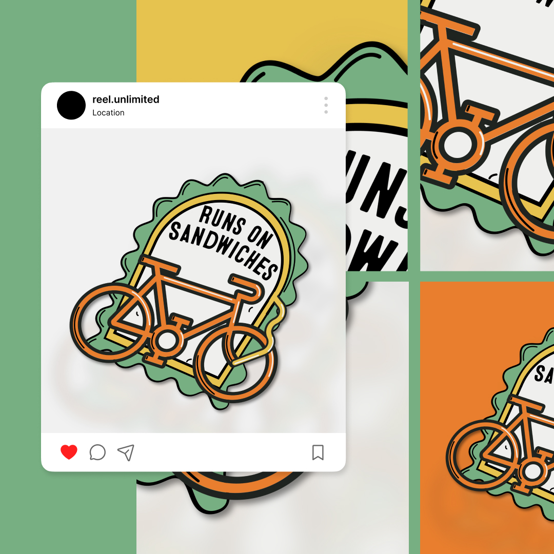 Custom Illustrations 3 Reel Unlimited Unlimited Graphic Design Graphic of a bicycle with the phrase Runs on Sandwiches. Styled as a social media post, it features a white background and orange border accents, showcasing creativity. Enhance your feed consistently with Reel Unlimiteds graphic design subscription service.