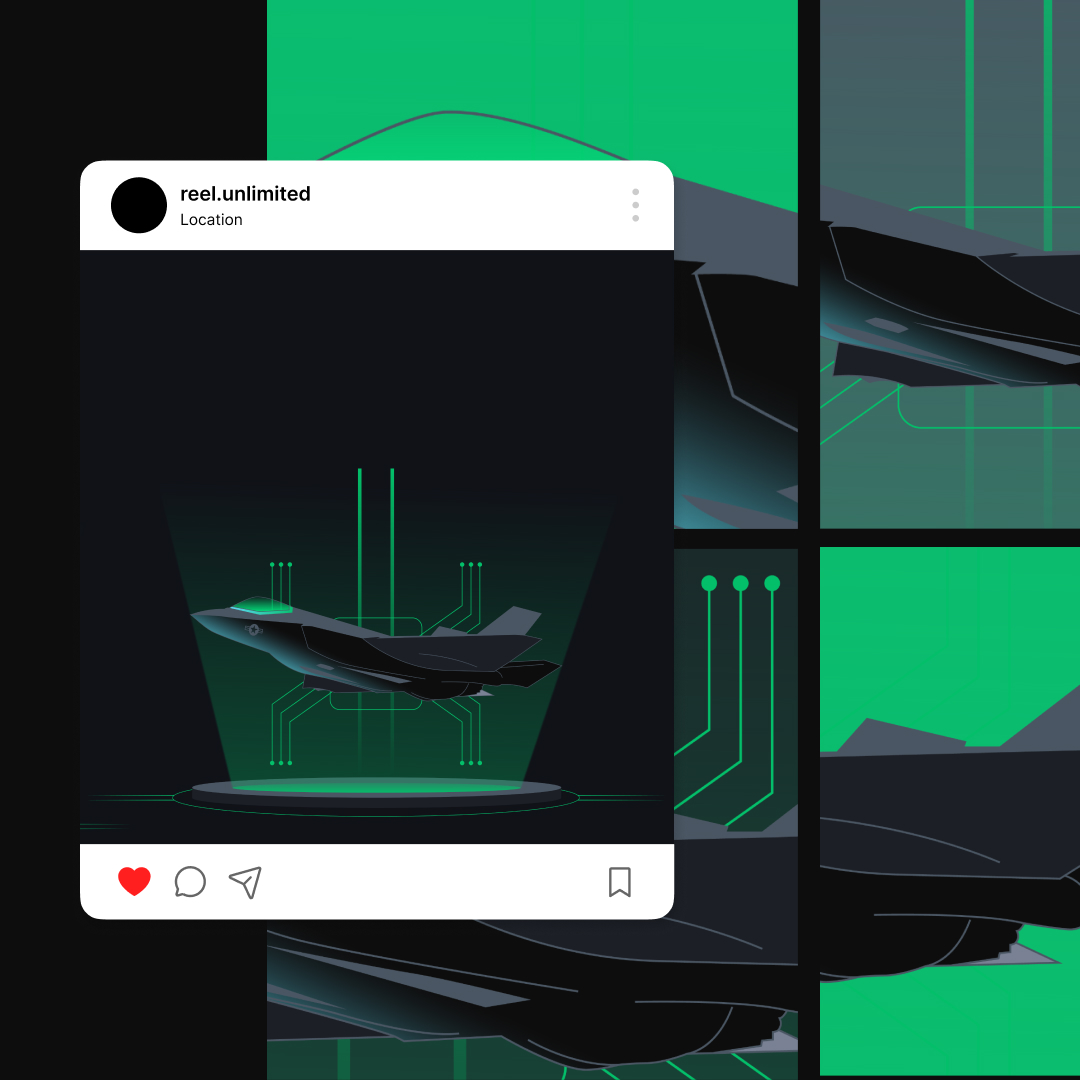 Custom Illustrations 2 Reel Unlimited Unlimited Graphic Design Graphic featuring a stylized fighter jet inside a futuristic digital interface, seamlessly crafted with unlimited design solutions. The image is split into sections, displaying various abstract elements in green and black tones. Instagram-like layout icons are visible below the main image.