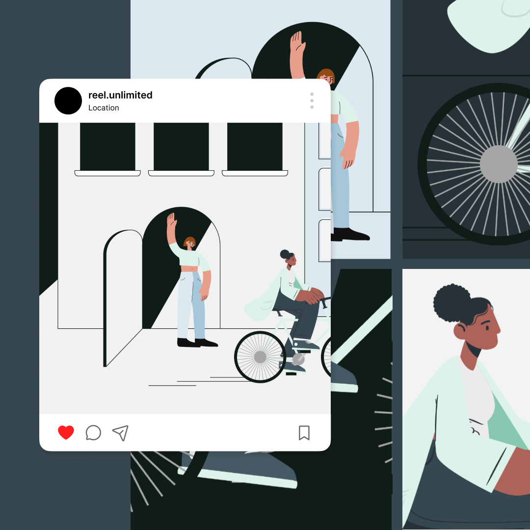 Custom Illustrations 4 Reel Unlimited Unlimited Graphic Design Illustration of a man waving in front of an archway and a woman on a bicycle, layered over a collage with wheels and geometric patterns. An Instagram-like interface overlays the image with user reel.unlimited, showcasing the arts stunning graphic design.