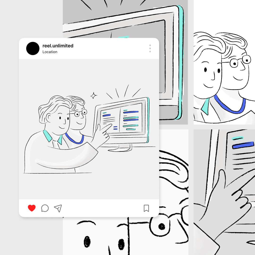Custom Illustrations 9 Reel Unlimited Unlimited Graphic Design Illustration of two cartoon characters pointing at a brightly colored computer screen, surrounded by panels of enlarged details like a finger pointing and their smiling faces. Framed as an Instagram post, it showcases the charm of custom illustrations to capture unique moments.