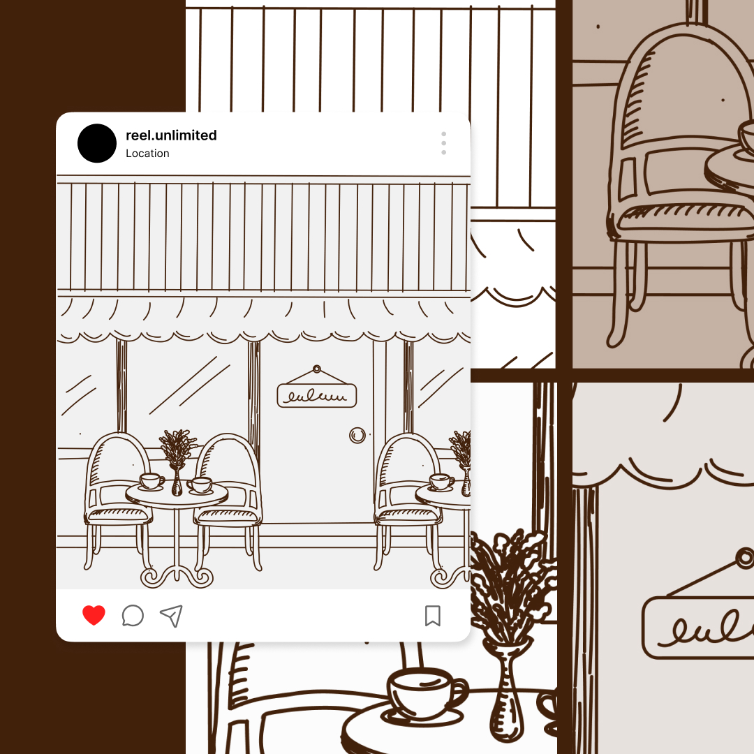 Custom Illustrations 14 Reel Unlimited Unlimited Graphic Design This Instagram post captures a quaint café adorned with round tables, chairs, and flowers beneath a striped awning. A café sign graces the door, while multiple panels zoom in on the scenes charming details. Discover our custom illustration services for unique visuals.