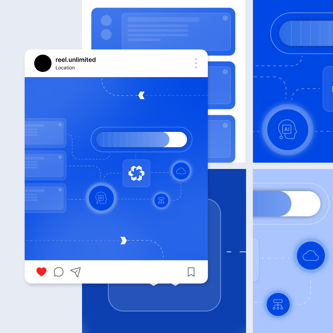 Custom Illustrations 6 Reel Unlimited Unlimited Graphic Design Digital artwork featuring custom illustrations with abstract shapes and UI elements in various shades of blue. A central Instagram-like frame includes a slider with surrounding icons. Additional UI components are displayed in adjacent panels, creating a cohesive tech-themed layout.