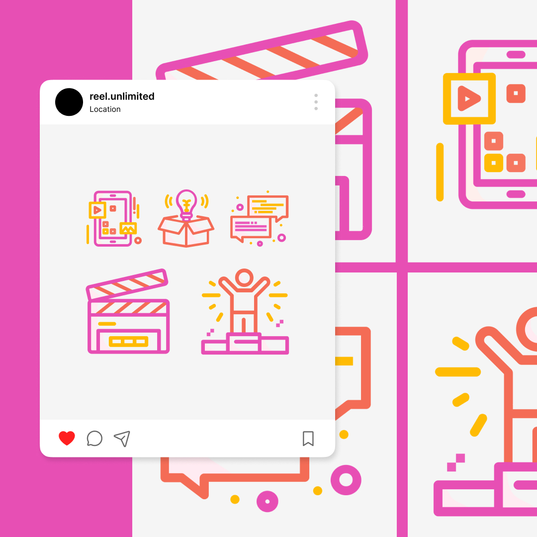 Custom Illustrations 5 Reel Unlimited Unlimited Graphic Design A vibrant Instagram post showcases creative icons like a clapperboard and a podium celebration, alongside various media symbols. Bursting with bright pink, yellow, and orange hues on a white backdrop, it highlights custom illustration services for unlimited creative possibilities.