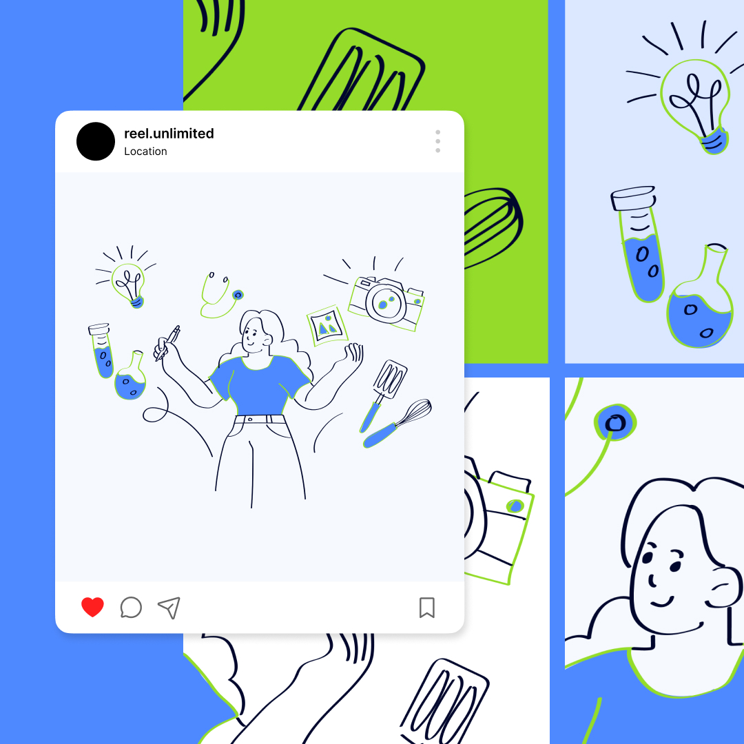 Custom Illustrations 13 Reel Unlimited Unlimited Graphic Design Illustration of a person juggling icons representing various creative and scientific tools like a paintbrush, test tube, camera, and light bulb. The scene showcases custom illustrations services with a background divided into blue and green sections featuring abstract line drawings.