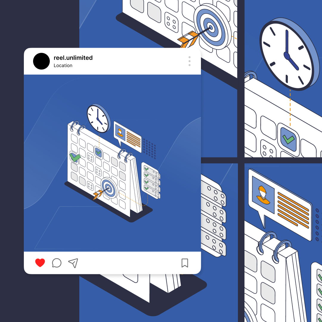 Custom Illustrations 1 Reel Unlimited Unlimited Graphic Design Illustration of a digital calendar with icons for scheduling and reminders, like a clock, checkmark, and profile. This bespoke design combines social media post elements with engagement icons at the bottom. Ideal for those seeking custom illustration services.
